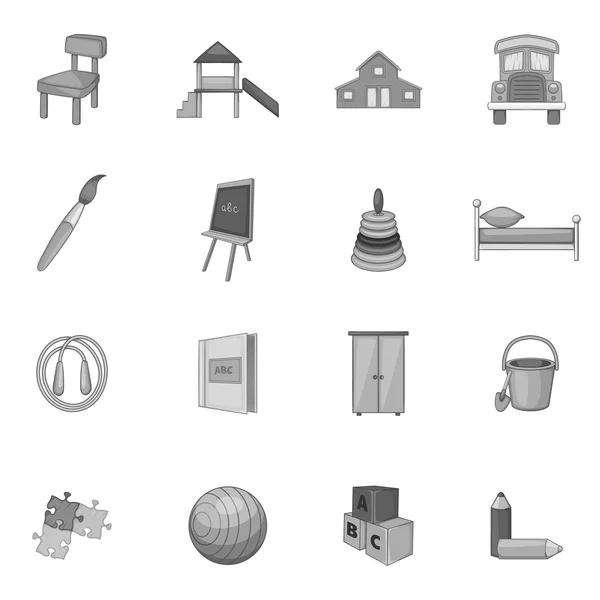 Conjunto de iconos de jardín de infantes, estilo monocromo gris — Vector de stock
