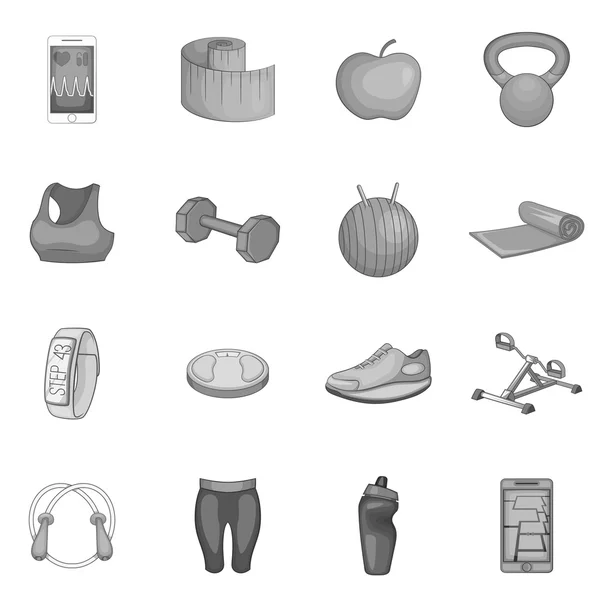 Fitness icons set, gray monochrome style — Stock Vector