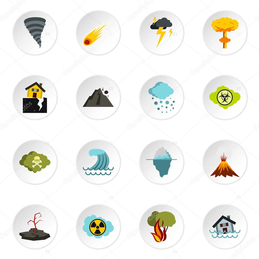 Natural disaster icons set, flat style