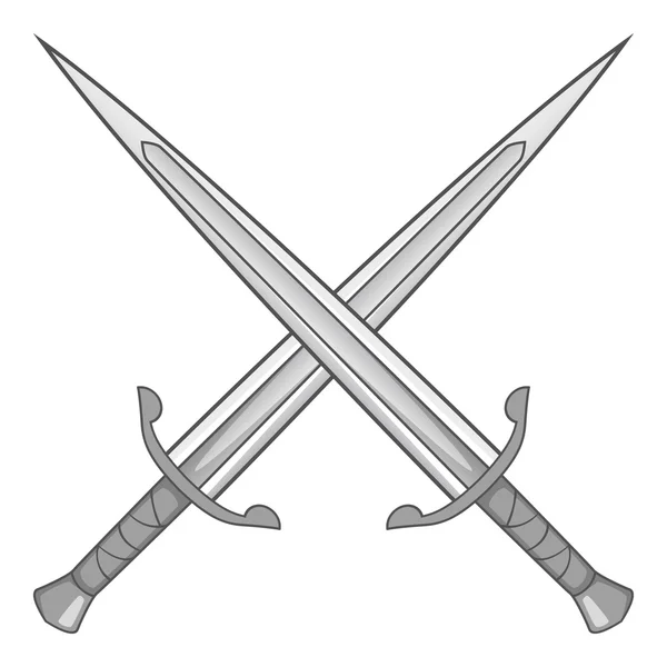 Icono de dos espadas cruzadas, gris monocromo — Vector de stock