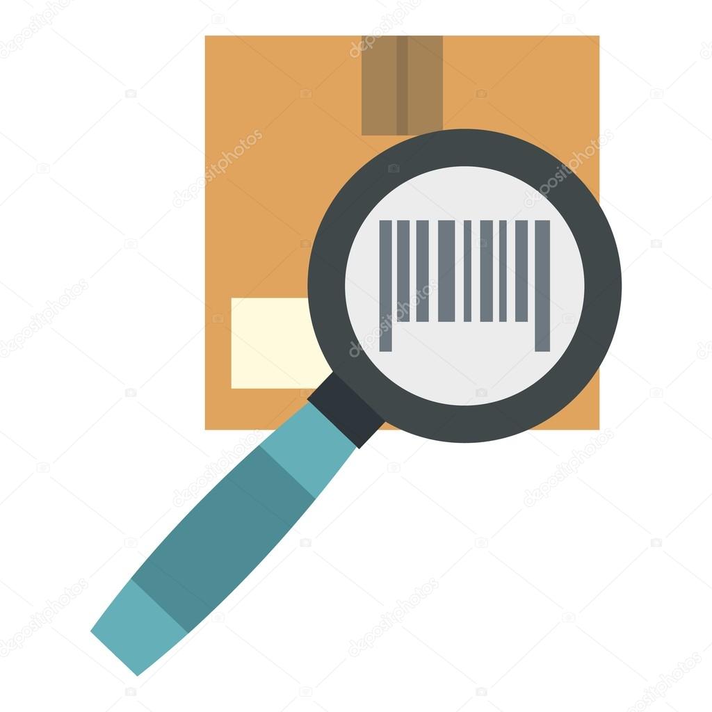Box and magnifying glass icon, flat style