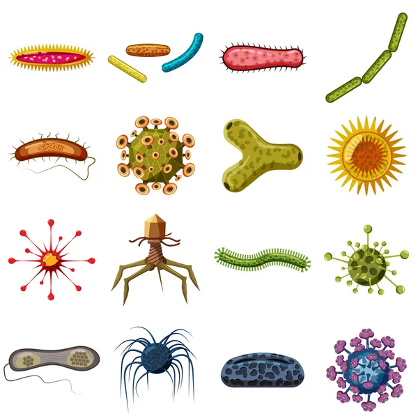 Conjunto de iconos de bacterias virales, estilo de dibujos animados — Vector de stock