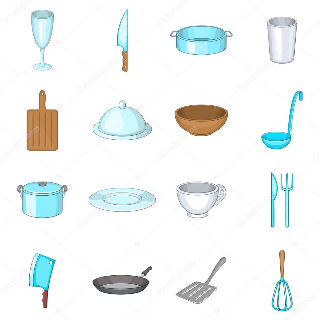 Basic dishes icons set, cartoon style
