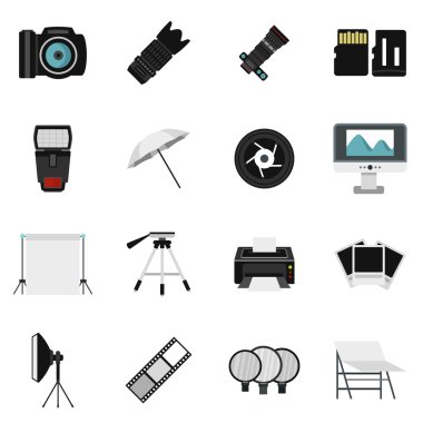 Fotoğraf stüdyosu ekipman Icons set, düz stil