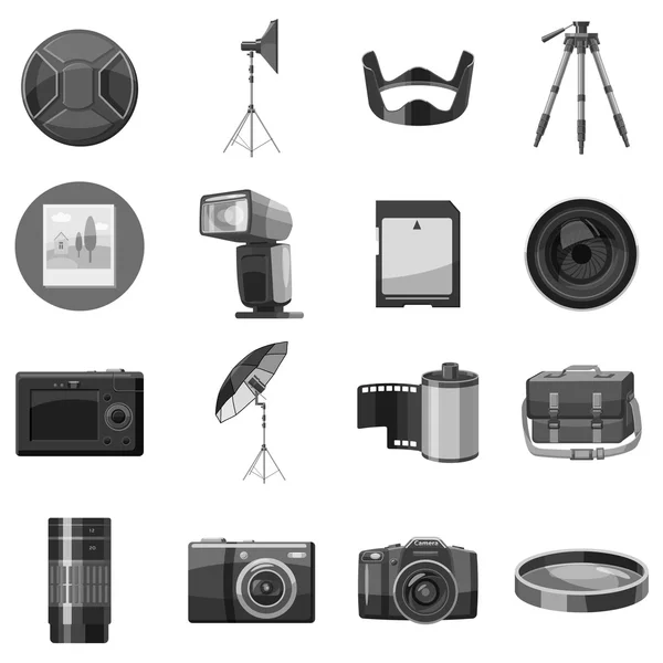 Набор иконок фотоаппаратуры, серый монохромный стиль — стоковый вектор