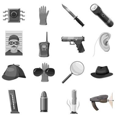 Dedektif Icons set, gri tek renkli stil