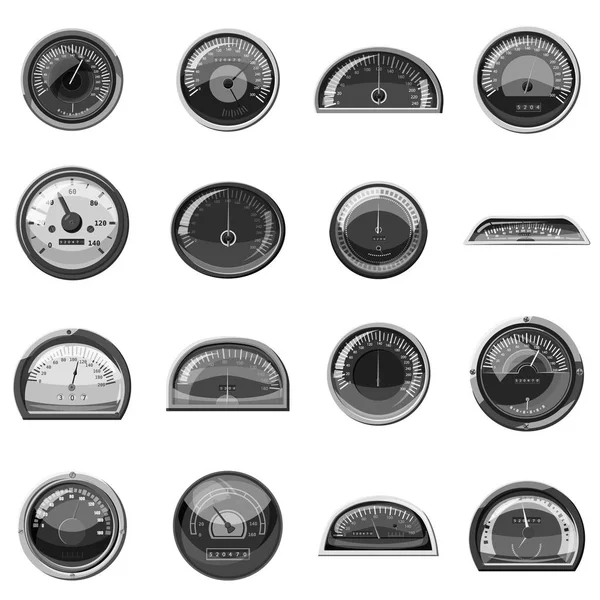 Speedometer icons set, gray monochrome style — Stock Vector