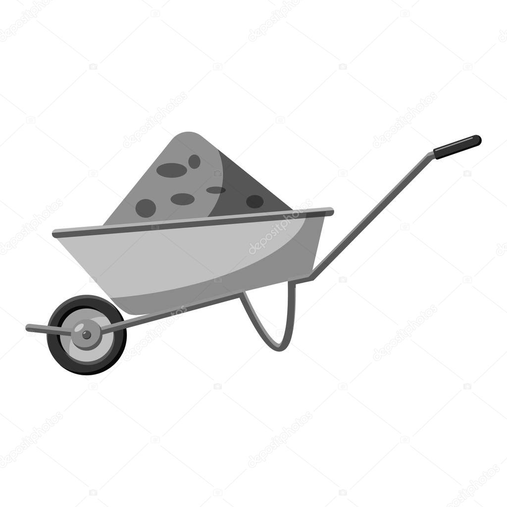 Gardening wheelbarrow icon, gray monochrome style