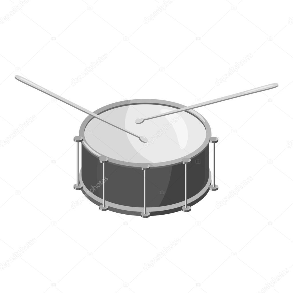 Drum with sticks icon, gray monochrome style