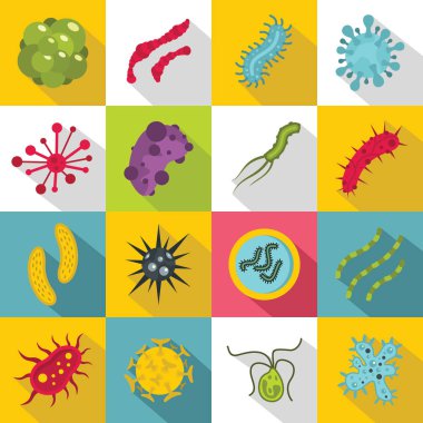 Virüs bakteri Icons set, düz stil