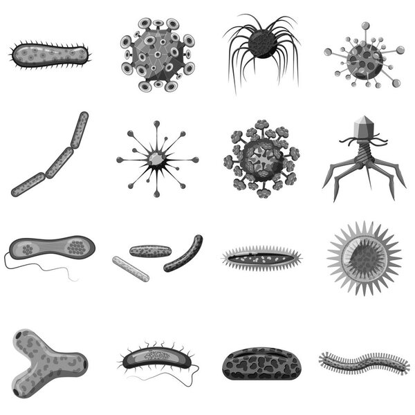 Virus icons set, gray monochrome style