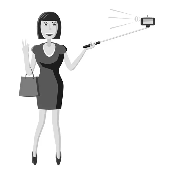Selfie スティック アイコン、灰色のモノクロ スタイルを持つ女の子 — ストックベクタ