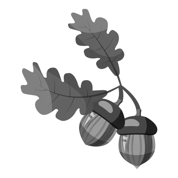 ドングリのアイコン、灰色のモノクロ スタイルとオークの枝 — ストックベクタ