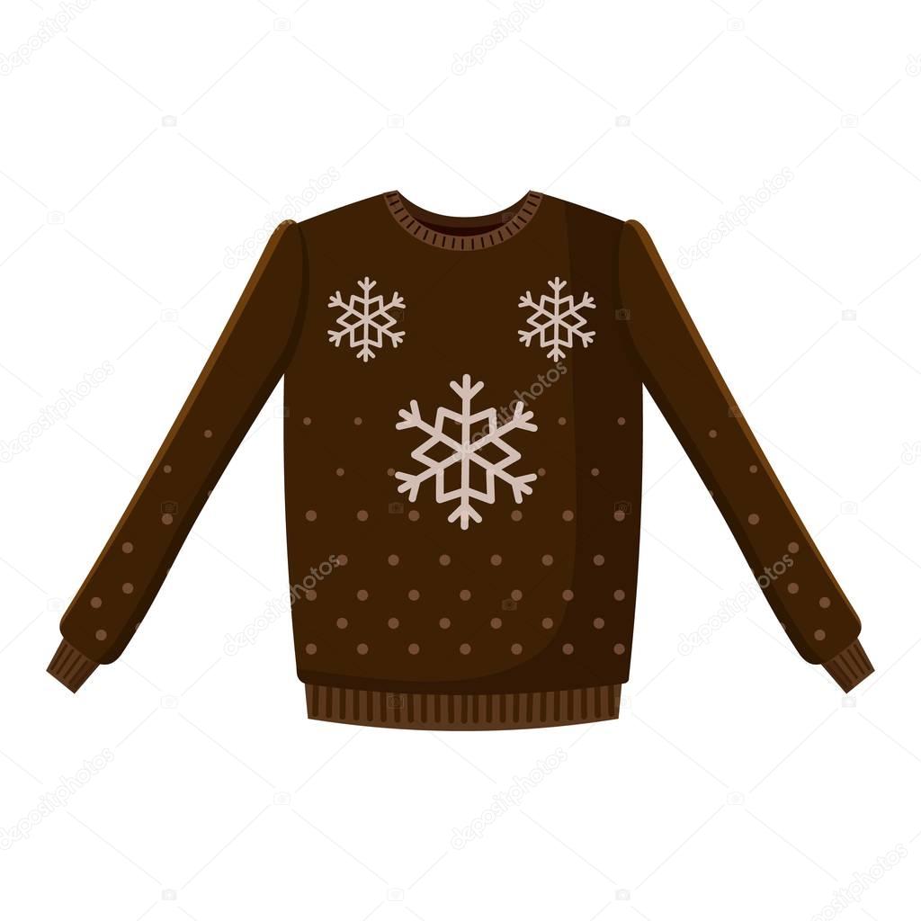 Brown sweater with snowflakes icon, cartoon style