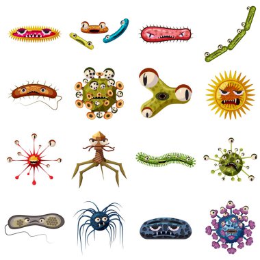 Virus bacteria faces icons set, cartoon style clipart