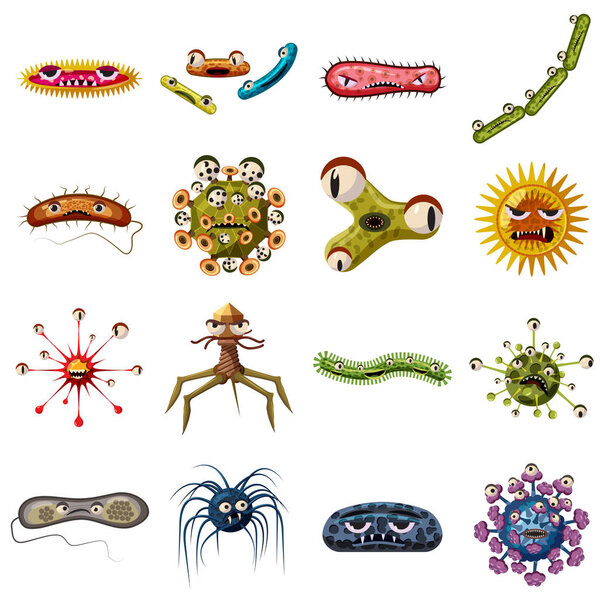 Virus bacteria faces icons set, cartoon style