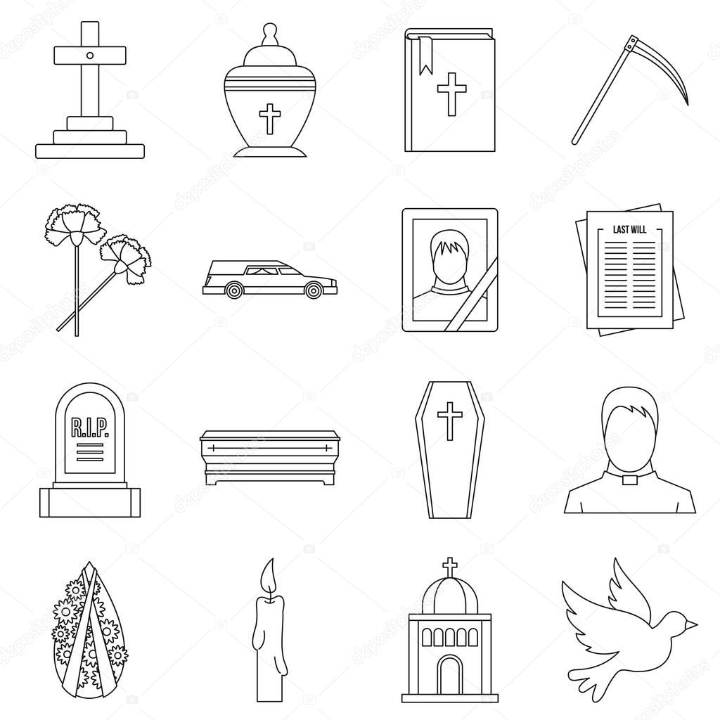 Funeral icons set, outline style