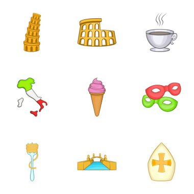İtalya Icons set, karikatür tarzı tatil