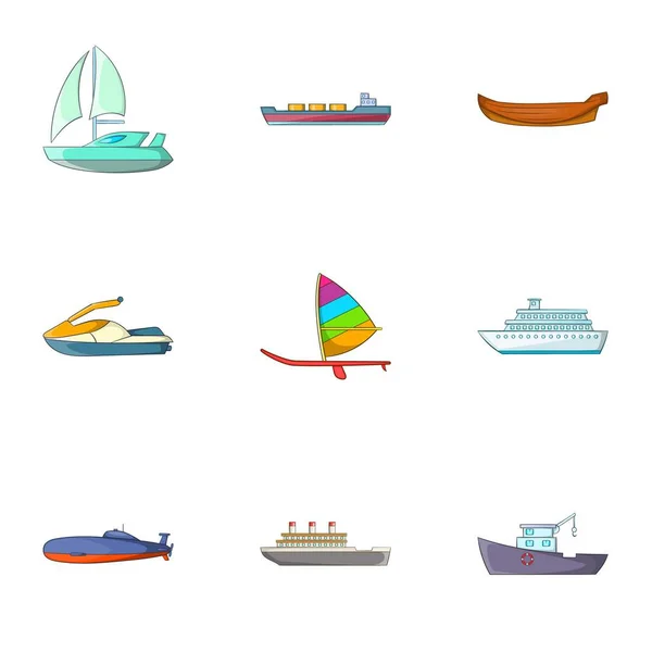 Montar en el conjunto de iconos de mar, estilo de dibujos animados — Vector de stock