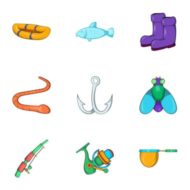 Balık Icons set için avcılık, karikatür tarzı
