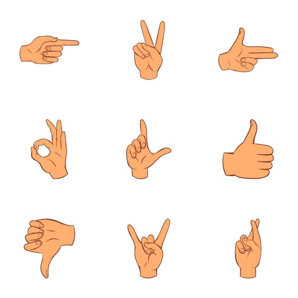 Communication gestures icons set, cartoon style