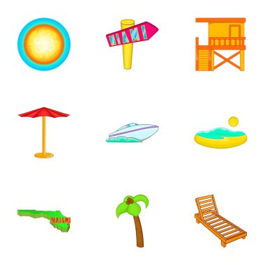 Miami şehir Icons set, karikatür tarzı