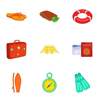 Deniz Icons set, karikatür tarzı için seyahat