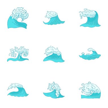 Sea waves icons set, cartoon style