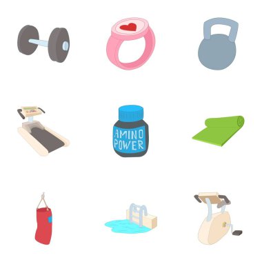 Spor salonu Icons set, karikatür tarzı