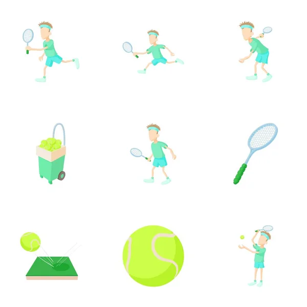 Jogar no conjunto de ícones de tênis, estilo dos desenhos animados — Vetor de Stock