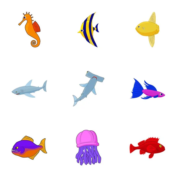 Mořské ryby ikony set, kreslený styl — Stockový vektor