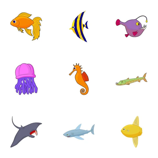 Set di icone di pesce, stile cartone animato — Vettoriale Stock