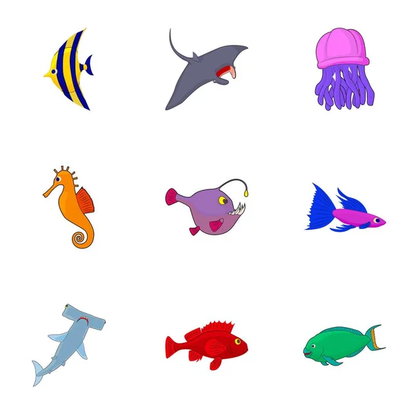 Océano conjunto de iconos de pescado, estilo de dibujos animados — Archivo Imágenes Vectoriales