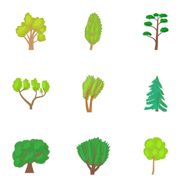 Conjunto de iconos de variedades de árboles, estilo de dibujos animados — Vector de stock