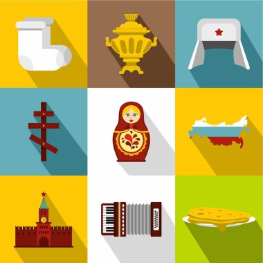 Rusya Icons set, düz stil tatil
