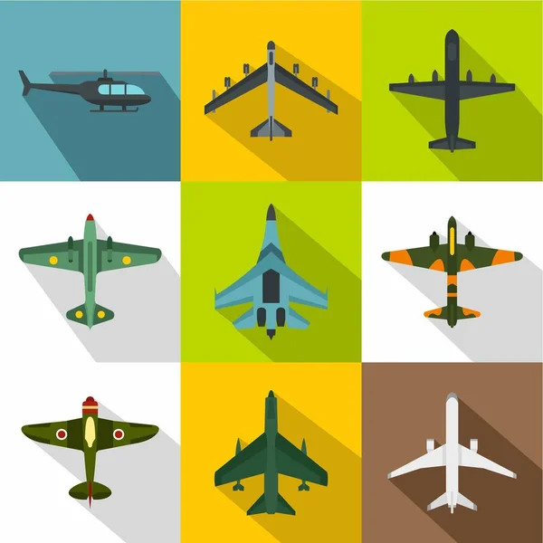 Ensemble d'icônes d'avions militaires, style plat — Image vectorielle