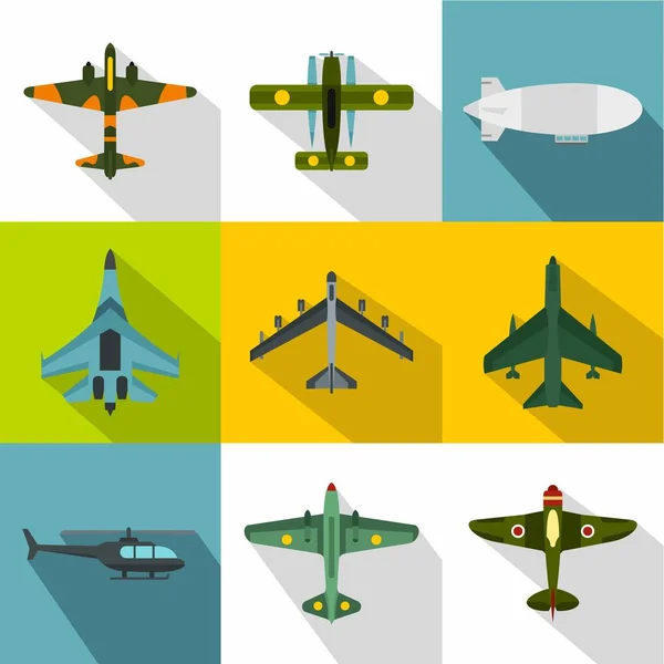 Ensemble d'icônes de transport aérien militaire, style plat — Image vectorielle