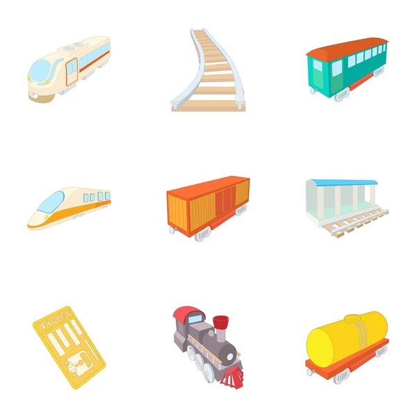 Ensemble d'icônes de promenade en train, style dessin animé — Image vectorielle