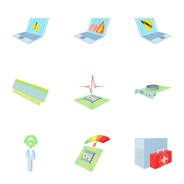 Set di icone per la manutenzione del computer, stile cartone animato — Vettoriale Stock