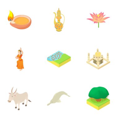 Hindistan Icons set, karikatür tarzı turizm