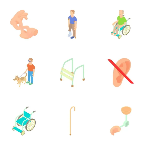 Ensemble d'icônes handicapées, style dessin animé — Image vectorielle