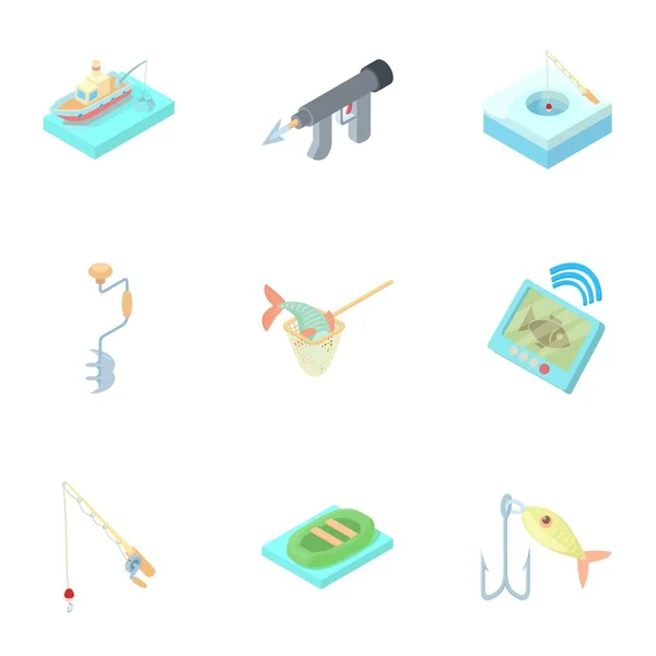 Conjunto de ícones de captura de peixe, estilo cartoon — Vetor de Stock