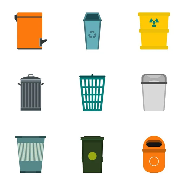 Garbage Icons Set, flacher Stil — Stockvektor