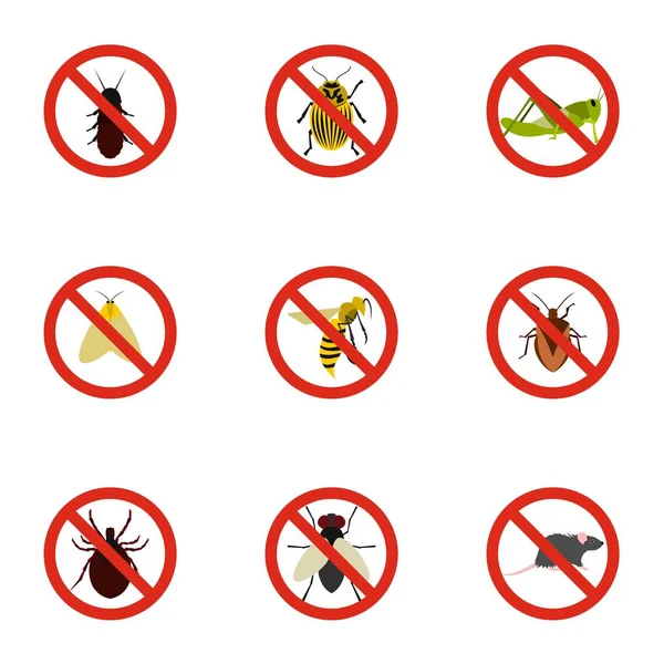 Conjunto de iconos de insectos prohibidos, estilo plano — Vector de stock