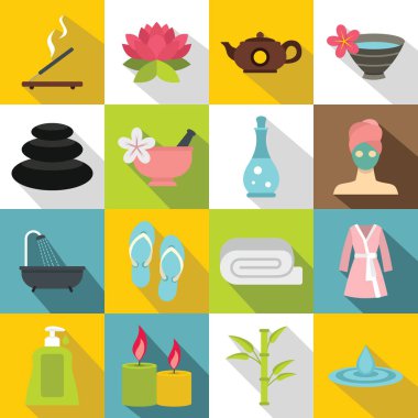 Spa tedavileri Icons set, düz stil
