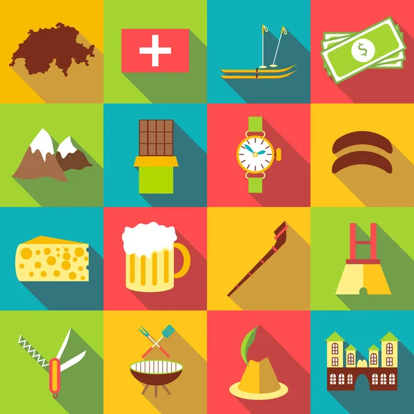 Suíça conjunto de ícones de viagem, estilo plano — Vetor de Stock