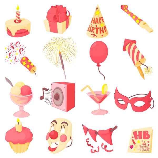 Joyeux anniversaire icônes ensemble, style dessin animé — Image vectorielle