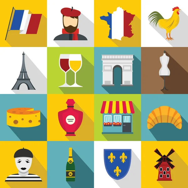 Conjunto de iconos de viaje Francia, estilo plano — Vector de stock