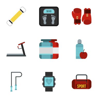 Spor salonu Icons set, düz stil