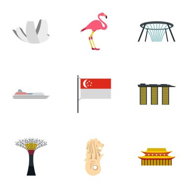 Singapur Icons set, düz stil tatil
